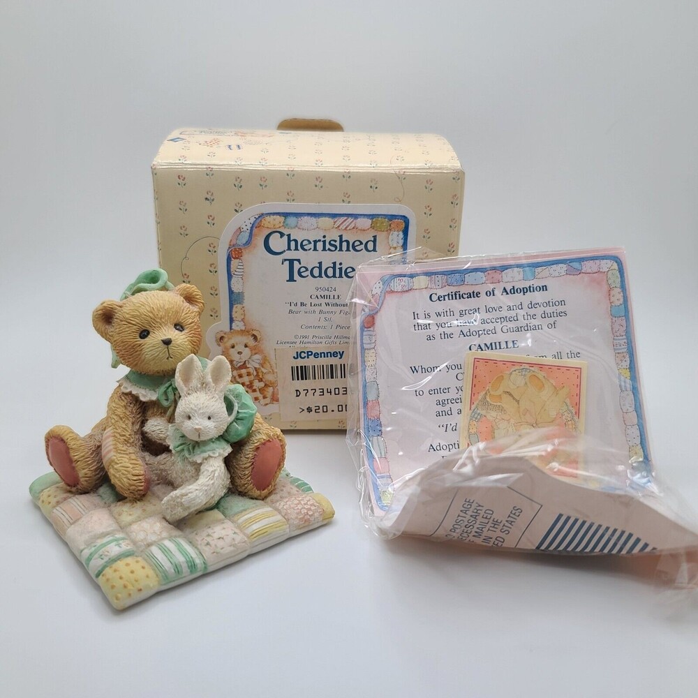 1991 Cherished Teddies "Camille" Bear w Bunny Figurine #950424 Lost Without You